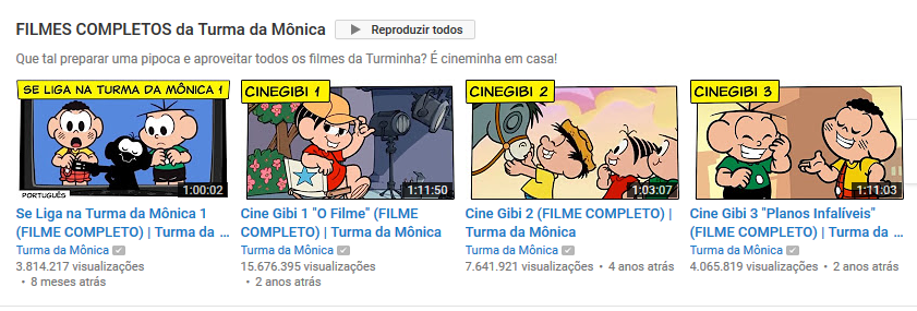 Thumbnails do canal Turma da MÃ´nica