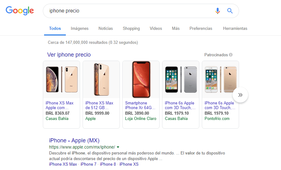 resultados omitidos en google - búsqueda por la palavra precio iphone